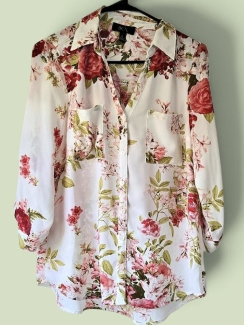 BCX Floral Button Down Blouse in White & Pink Size Medium